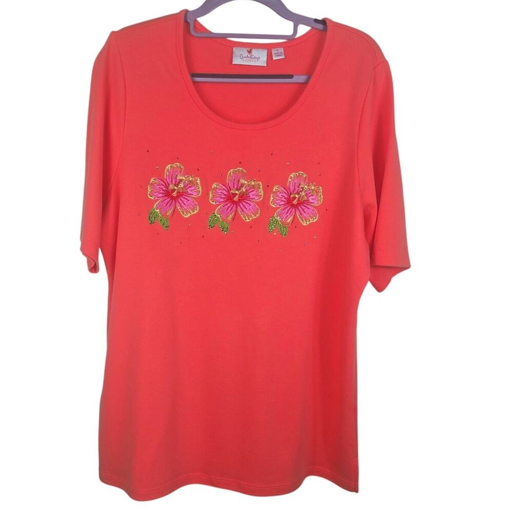 Quacker Factory Pink Embroidered Floral Chrystal Accents Women's Top L